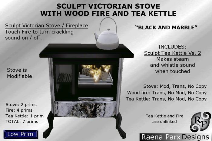 SCULPT VICTORIAN STOVE, FIREPLACE, TEA KETTLE "BLACK AND MARBLE" - *RPD*