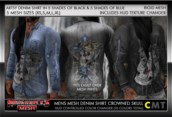 RN Mens Mesh Denim Shirt - Crowned Skull DEMO