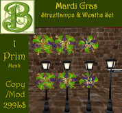 Mardi Gras Streetlamp & Wreath set 1 Prim ea