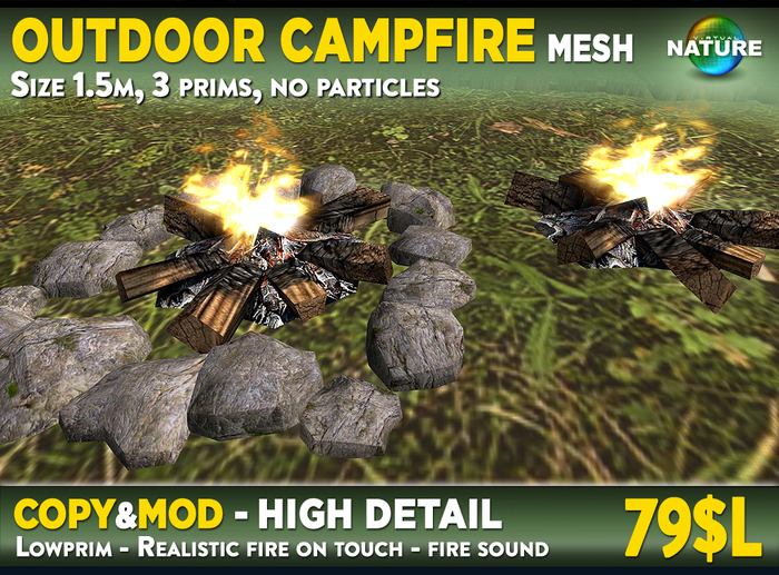 Outdoor campfire with scripted fire 3 prims MOD COPY
