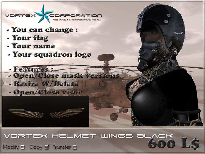 Vortex Pilot helmet - wings black