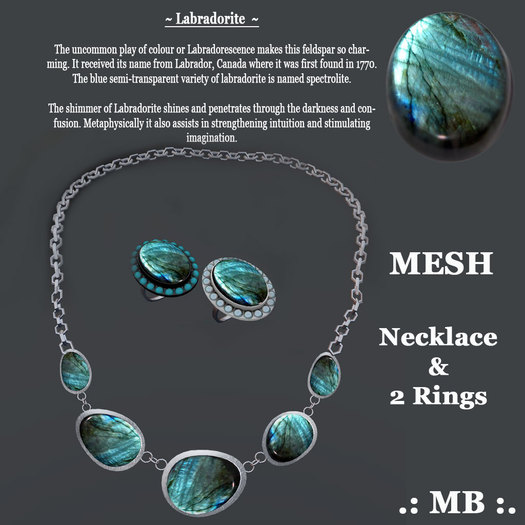 .: MB :. Labradornite Gems Mesh Jewelery Set Necklace & 2 Rings