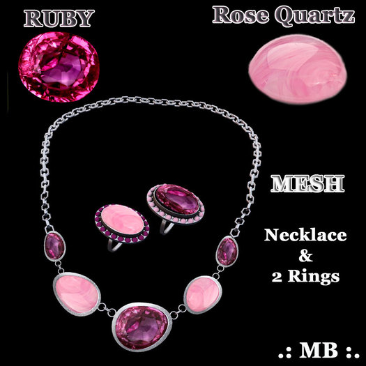 .: MB :. Ruby & RoseQuartz Mesh Jewelery Set Necklace & 2 Rings