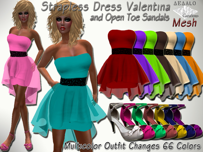 Strapless Dress Valentina and Open Toe Sandals - Multicolor - Rigged Mesh * SPECIAL PRICE Colorful SPRING Promo * 