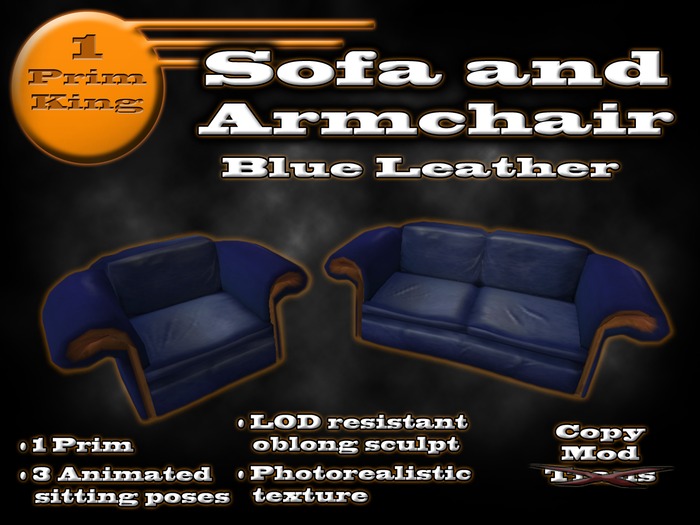 1 Prim Sofa and Armchair Set - Blue Leather
