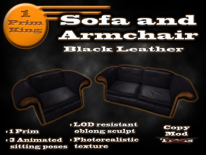 1 Prim Sofa and Armchair Set - Black Leather