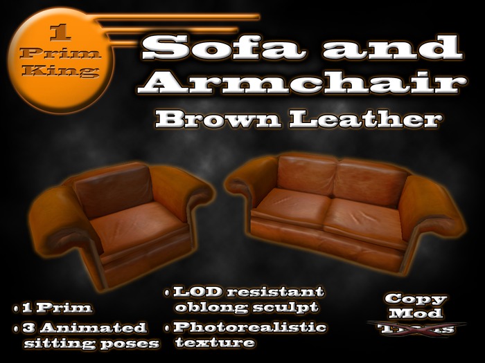 1 Prim Sofa and Armchair Set - Brown Leather