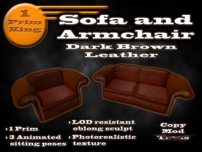 1 Prim Sofa and Armchair Set - Dark Brown Leather
