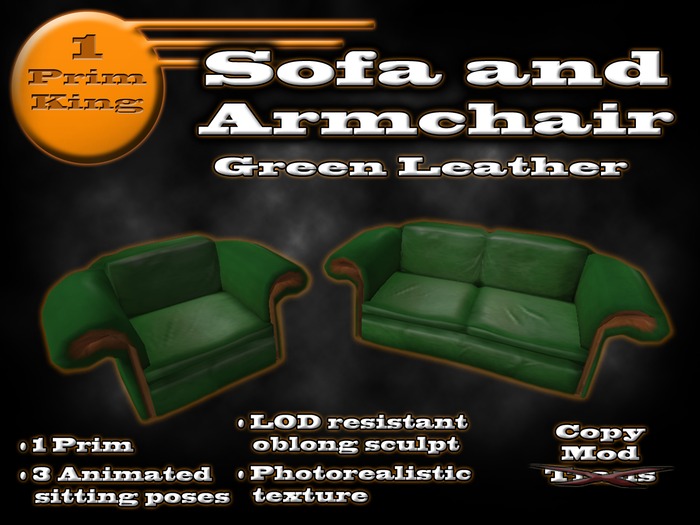 1 Prim Sofa and Armchair Set - Green Leather