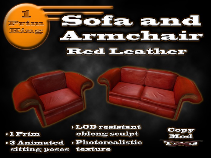 1 Prim King - Sofa and Armchair Set - Red Leather  (copyable) Couch and Arm Chair  (copyable) Couch 