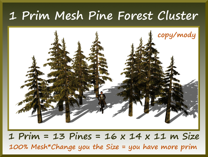 1 Prim Mesh Pine Forest Cluster 13 Pines=16x14x11m Size copy-mo