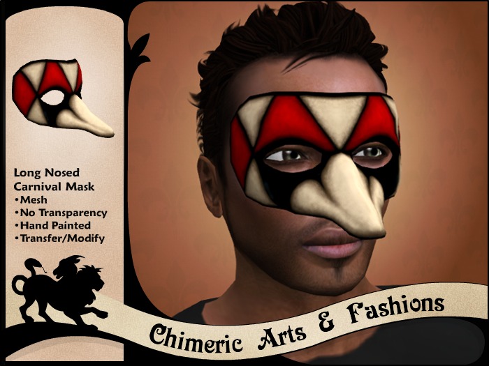 ~Chimeric Fashions~ Long Nose Carnival Mask (Red & White)