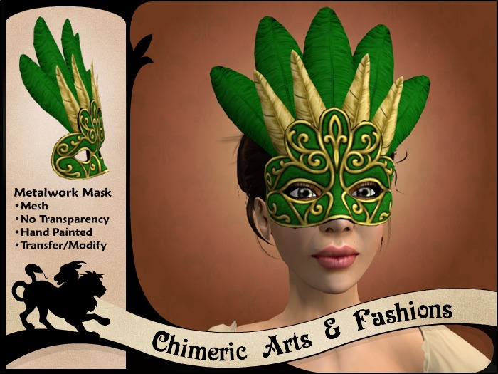 ~Chimeric Fashions~ Metalwork Feathered Mask (Green & Gold)