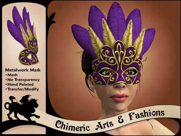 Metalwork Feathered Mask (Purple & Gold)