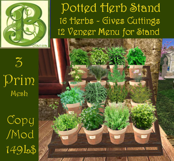 Kitchen Herb Stand - Gives Cuttings -12 Veneers - 3 Prims  Copy/ Mod