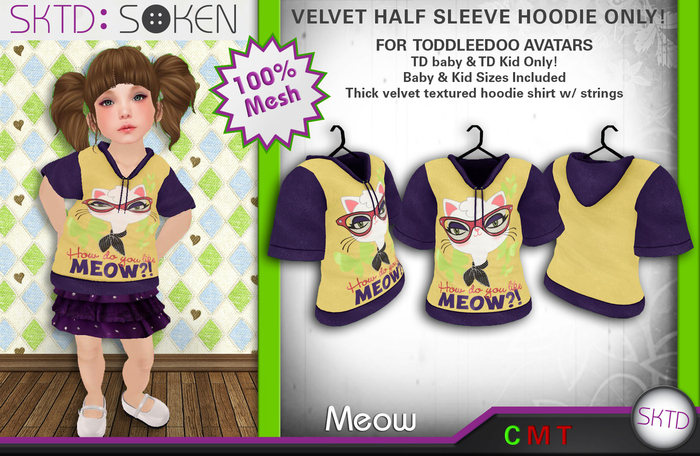 [SKTD] Toddleedoo Meow Velvet Half Sleeve Hoodie Shirt