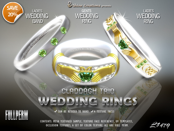 Claddagh Trio Wedding Ring Set Pack