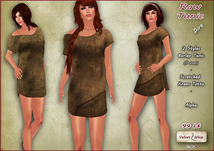 [V/W] Raw Tunic Dirt - Medieval-Fantasy poor servant short tunic, 2 styles. Scratched knees tattoo