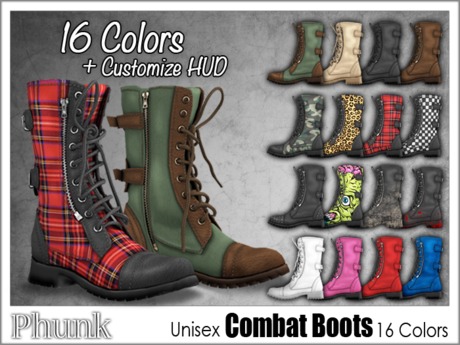Second Life Marketplace - DEMO [Phunk] Mesh Unisex Combat Boots (16 Colors)