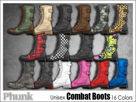 Second Life Marketplace - DEMO [Phunk] Mesh Unisex Combat Boots (16 Colors)