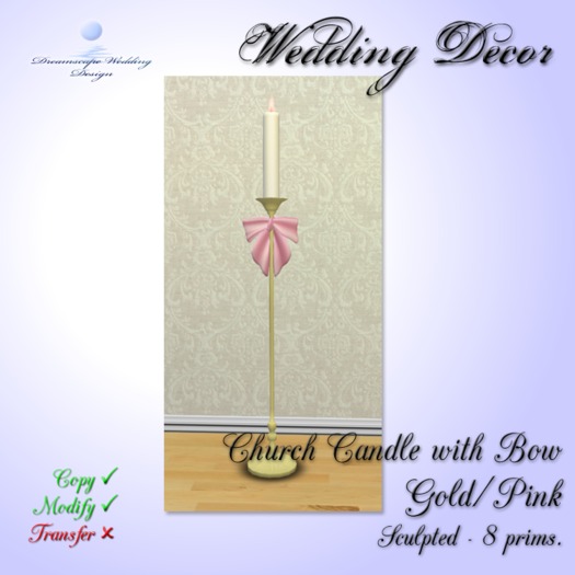 Church Candle with bow [Gold & Pink] 8 prims