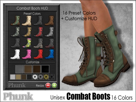Second Life Marketplace - DEMO [Phunk] Mesh Unisex Combat Boots (16 Colors)