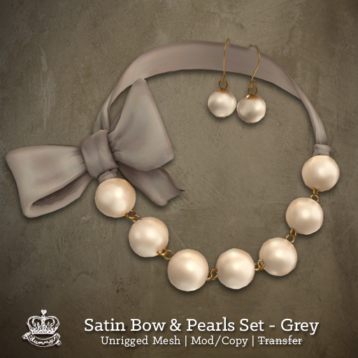 (Yummy) Satin Bow & Pearls Set - Grey