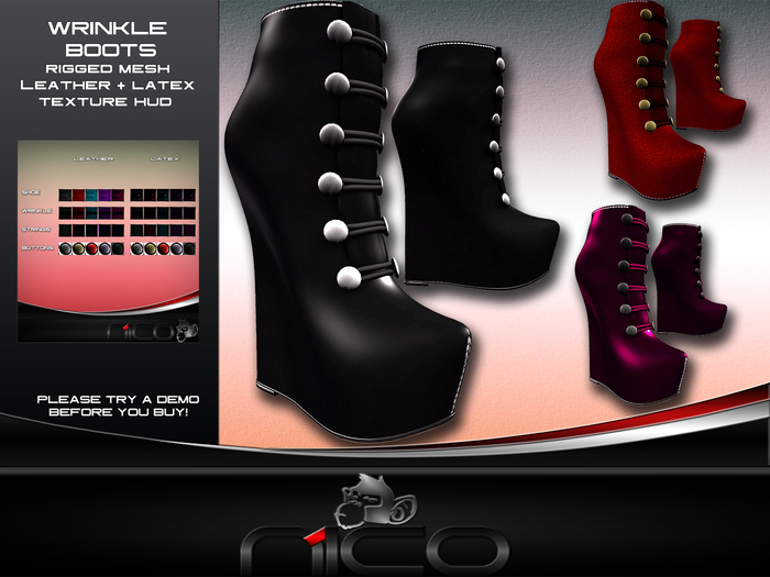 N1CO Rigged mesh Wrinkle Boots (mesh) DEMO (boxed)