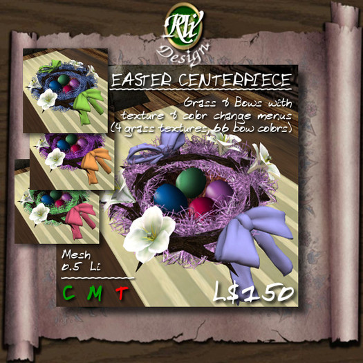 * Easter Table Centerpiece (boxed) - 0.5 LI high detailed mesh w/ 4 grass texture options & a bow with color change menu