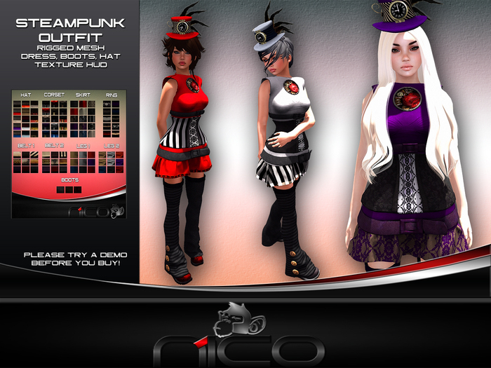 N1CO Rebecca Steampunk Outfit - dress+boots(mesh) DEMO (boxed)