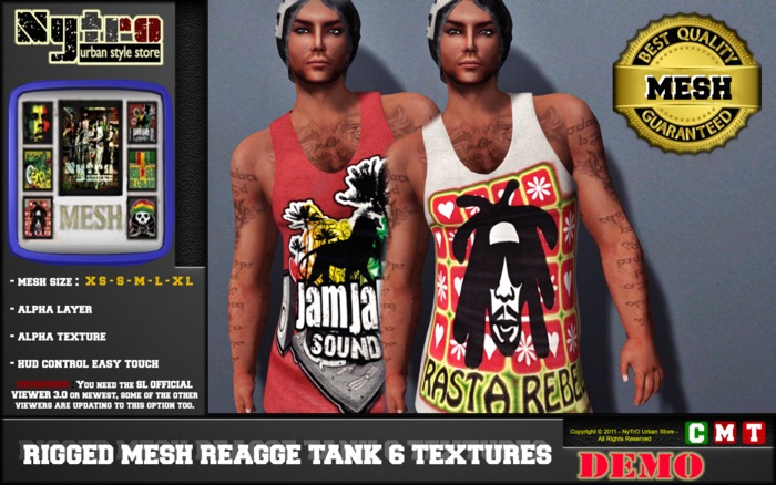 $$ - NyTrO - $$ DEMO RIGGED MESH Tank Top RASTA MAN HUD 6 Textures Urban Style (Box)