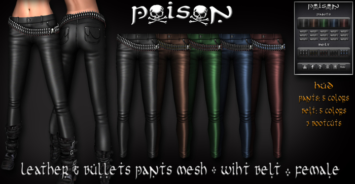 >>>Poison<<< Leather & bullets pants_mesh_w/belt_female