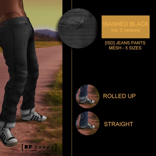 [ISD] JEANS PANTS (rolled up + straight legs) WASHED BLACK