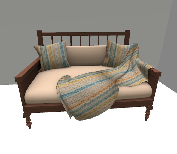 Cosy mesh sofa w knitted cushions & throw blanket one sit pose