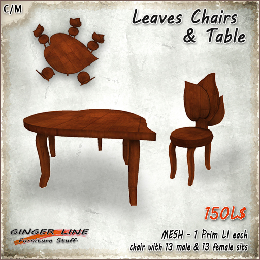 [Ginger Line] Leaves Chairs and Table - Nature inspired set, 13 F/M sits, 1 prim Li each item