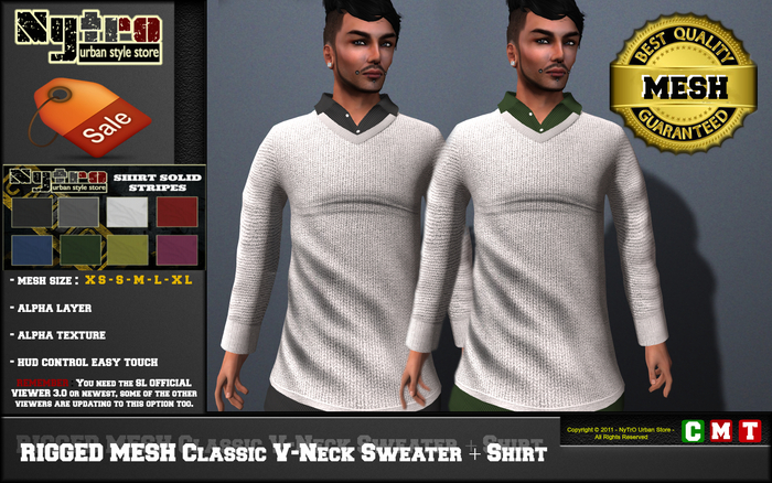 $$ - NyTrO - $$ RIGGED MESH Classic V-Neck Sweater + Shirt MAN WHITE Urban Street Style NEW 2013....!!!! (Box)