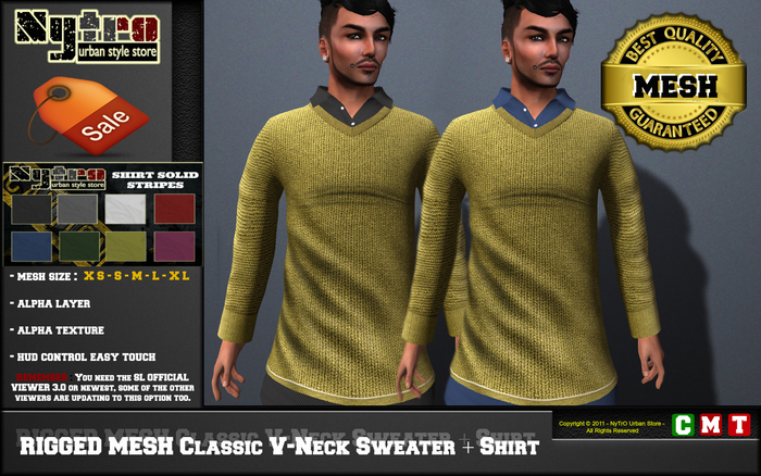 $$ - NyTrO - $$ RIGGED MESH Classic V-Neck Sweater + Shirt MAN YELLOW Urban Street Style NEW 2013....!!!! (Box)