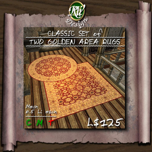 *** Classic Set of Two Golden Area Rugs (boxed) - precisely textured, very low land impact mesh designs with high LOD