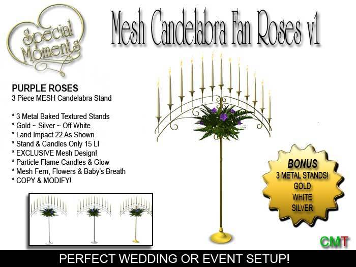 Mesh Candelabra Fan Style 3 Piece Set Purple Roses V1