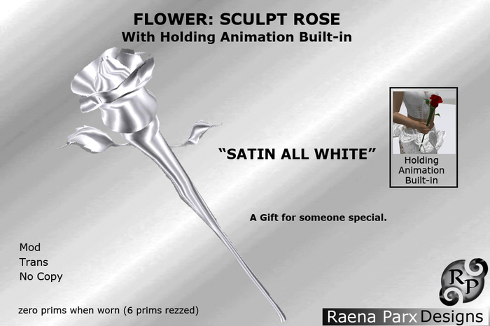 FLOWER: SATIN ROSE, ALL WHITE, WITH HOLDING ANIMATION BUILT-IN