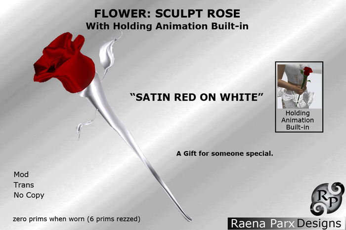 FLOWER: SATIN ROSE, RED ON WHITE, WITH HOLDING ANIMATION BUILT-IN
