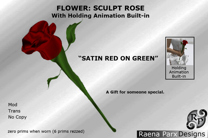 FLOWER: SATIN ROSE, RED ON GREEN, WITH HOLDING ANIMATION BUILT-IN