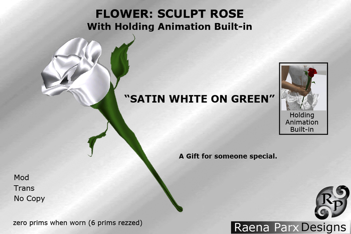 FLOWER: SATIN ROSE, WHITE ON GREEN, WITH HOLDING ANIMATION BUILT-IN