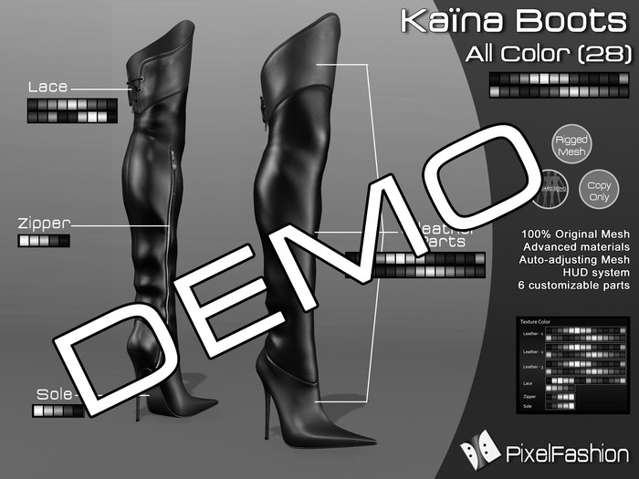 :)(: DEMO Kaina Boots Mesh - All Colors- Fitted Mesh  - Classic Avatars + Eve Avatars compatible