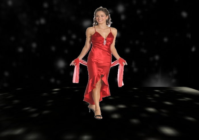 Fashion  red dress model stand up  staff greeter welcome etc