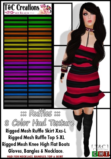 T&C ::: Ruffles ::: Mesh Outfit 8 Color Hud Texture
