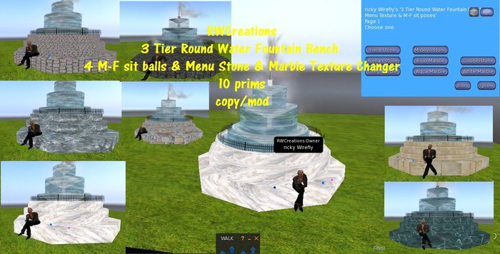 3 Tier Round Water Fountain Bench with 4 M-F sit balls & Menu Stone & Marble Texture Changer (boxed)