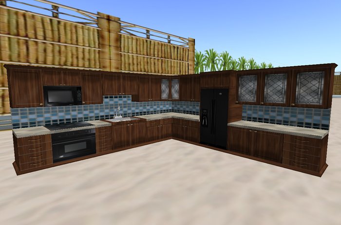 Teak/Marble L Kitchen with Blue Marble