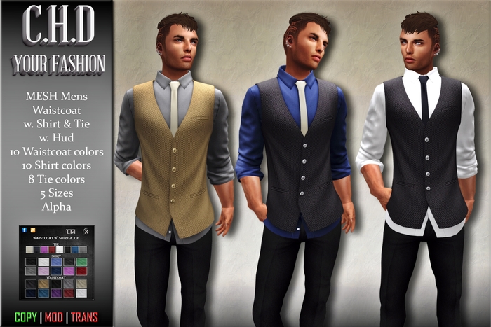[C.H.D] Mens Waistcoat Button Down Shirt & Tie