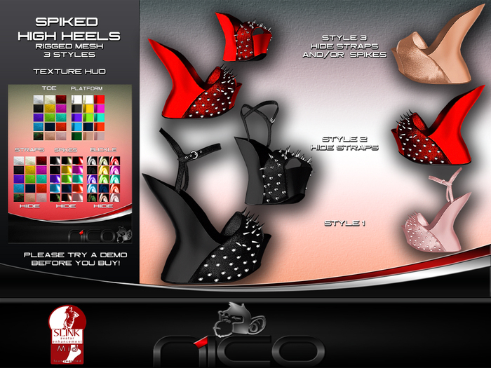 N1CO Spiked High Heels 3 styles rigged mesh DEMO (boxed)